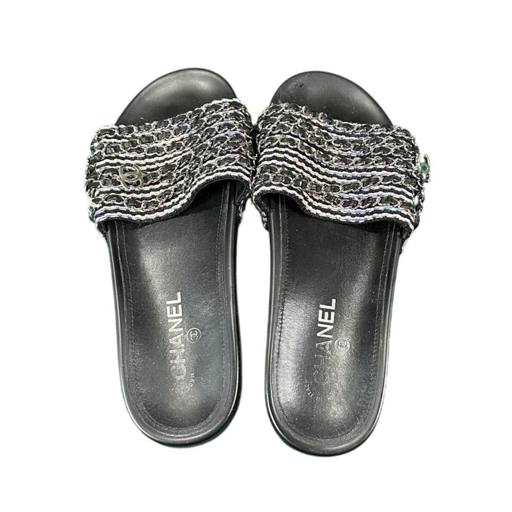 Chanel 2017 Interlocking CC Tweed Slides Chain Logo Sandals 41 - Picture 5 of 6